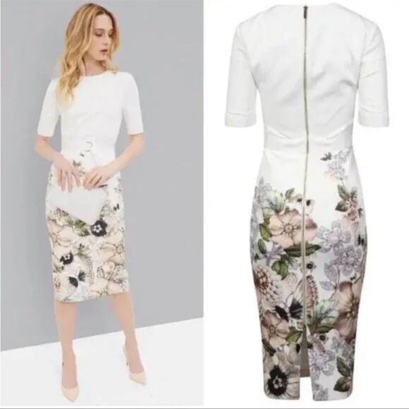 Ted Baker 12 (4) Layli Floral Gem Gardens Crepe Bodycon White Short Sleeve Dress